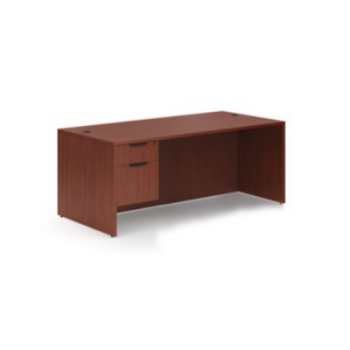 brown desk with drawers on the left